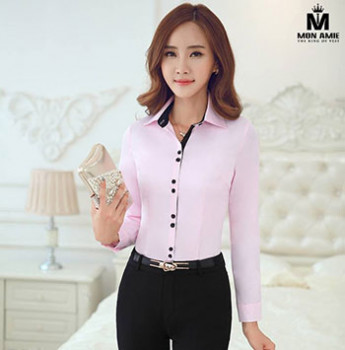 Đồng Phục Áo Sơ Mi Nữ Màu Hồng Phối Viền Cổ Đen